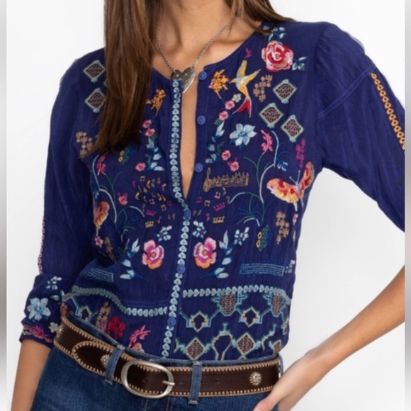 Johnny Was Tops - New Johnny Was Navy Floral Embroidered Button Front Blouse size XL